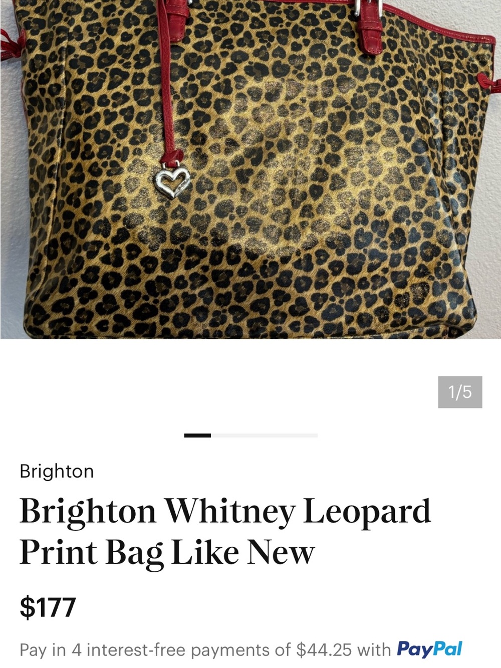 Brighton Leopard Print Tote with Red Trim and Silver Heart Charm
